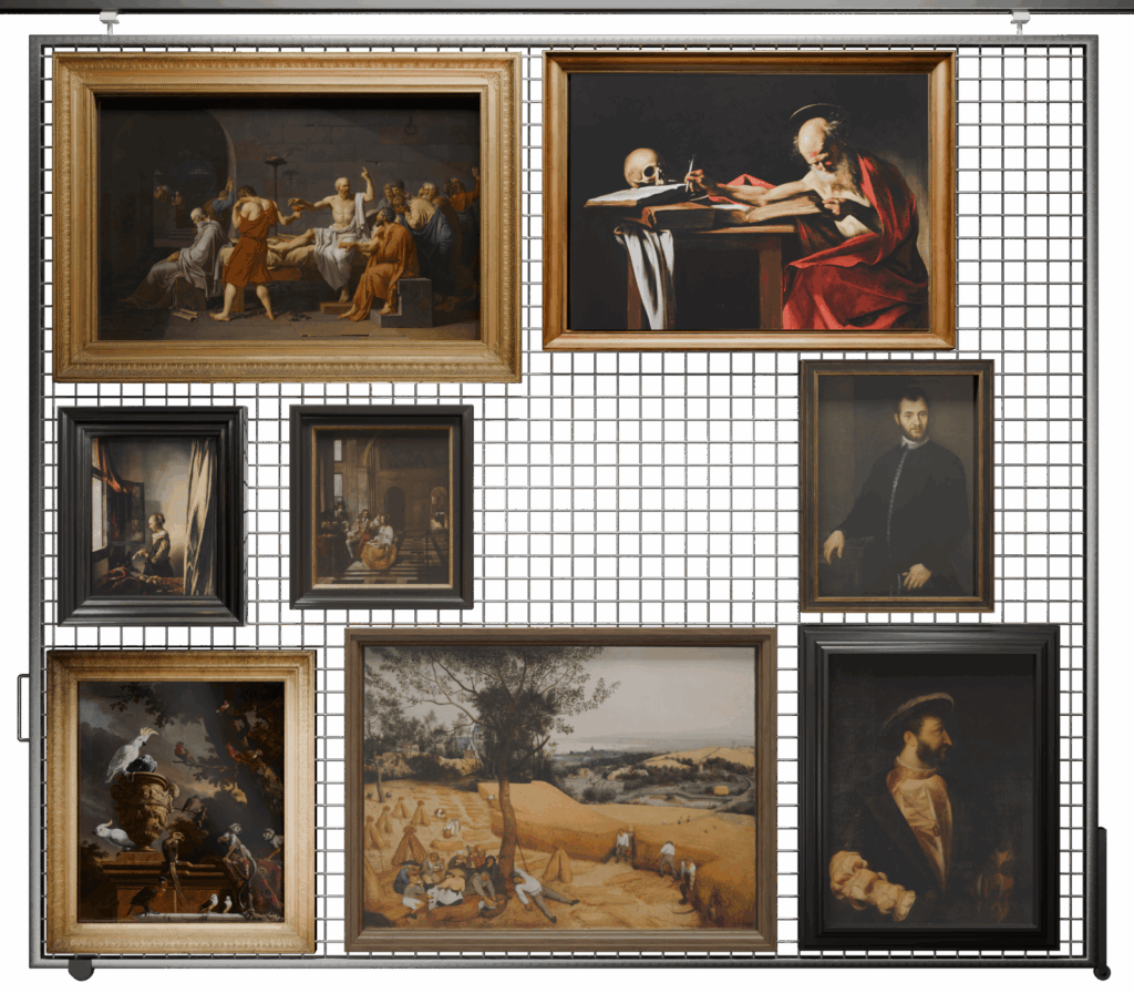 rendering of a metal grid, as used in many art depots, with multiple paintings in their frames on it. In the middle is an empty spot.
