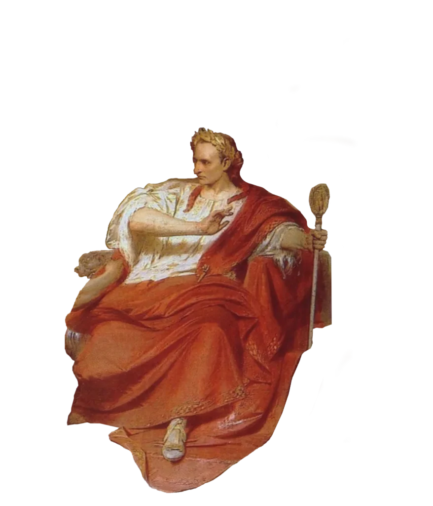 Seated figure in a red toga, symbolizing authority, gestures thoughtfully while holding a staff.