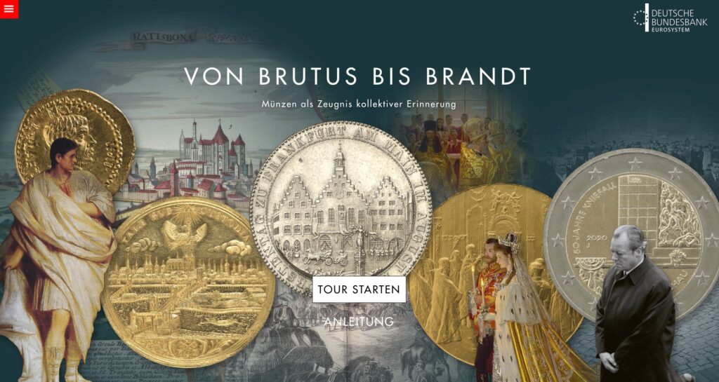 Exhibit banner showcasing historical coins and figures, highlighting collective memory from Brutus to Brandt.