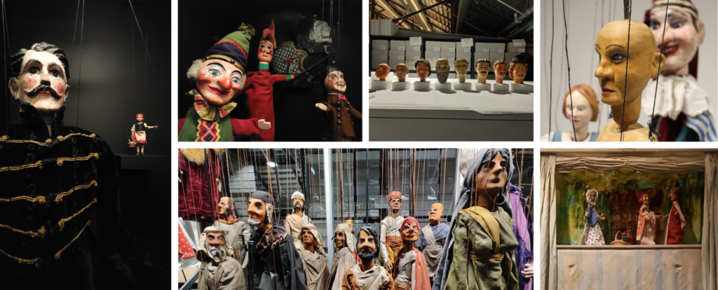Colorful marionettes and puppets displayed in various settings, showcasing the art of animating museum artifacts.