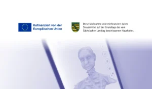 EU and Saxony funding announcement with a 3D model graphic, highlighting support for a specific initiative.