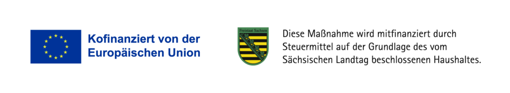 EU funding acknowledgment alongside Saxony state logo and text about financial support for a project.