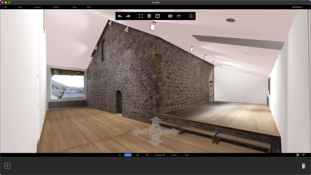 3D virtual tour of a spacious interior featuring a stone wall and wooden flooring, designed for immersive exploration.