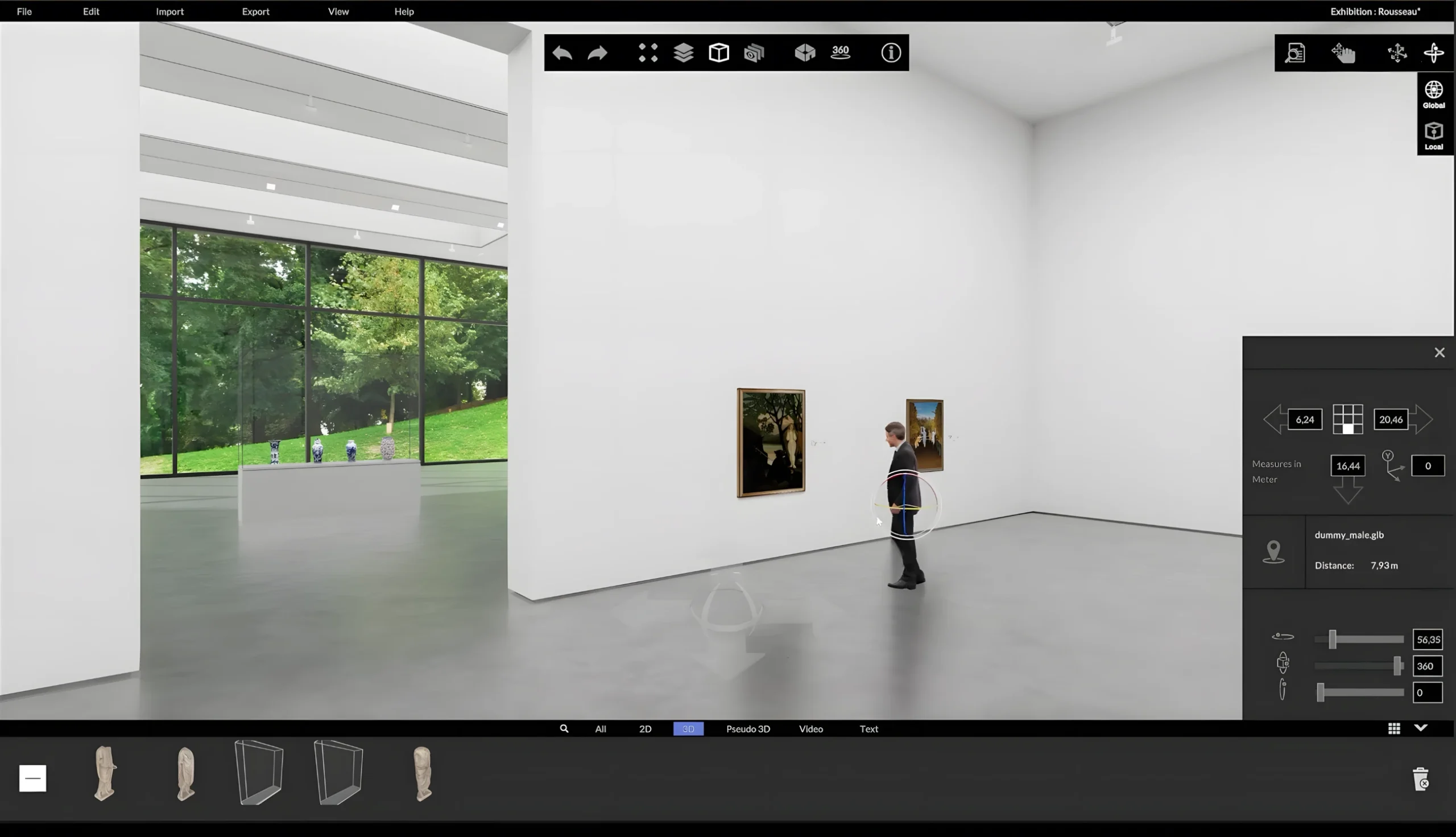 screenshot aus cura3D - 3D Modell eines Manns wird in eine n virtuellen Ausstellungsraum vor zwei Gemälde positioniert